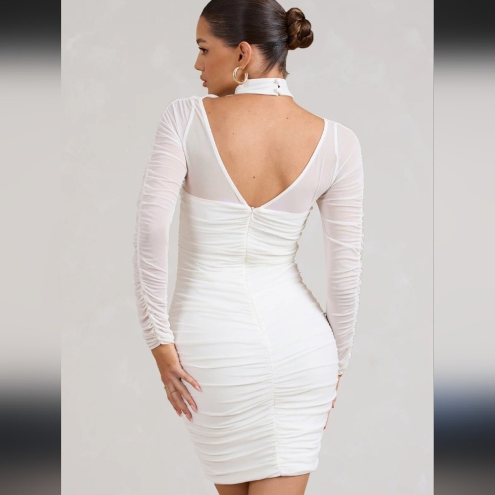 CLUB L‎ LONDON White Mesh Ruched Mock Neck Cutout Long Sleeve Bodycon Dress - Picture 2 of 8